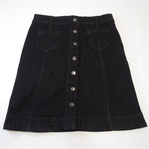 Chaps Black Denim Button Front Pocket Midi Denim Skirt Size 10 - Picture 1 of 3